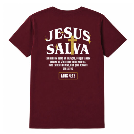 Camiseta Cristã Masculina 100% Algodão Gospel Jesus Salva Bordô Costas Camiseta Cristã Masculina 100% Algodão Gospel Jesus Salva Bordô Costas