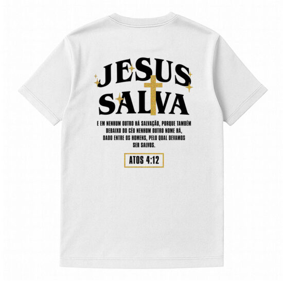 Camiseta Cristã Masculina 100% Algodão Gospel Jesus Salva Branca Costas Camiseta Cristã Masculina 100% Algodão Gospel Jesus Salva Branca Costas