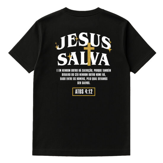Camiseta Cristã Masculina 100% Algodão Gospel Jesus Salva Preta Costas Camiseta Cristã Masculina 100% Algodão Gospel Jesus Salva Preta Costas