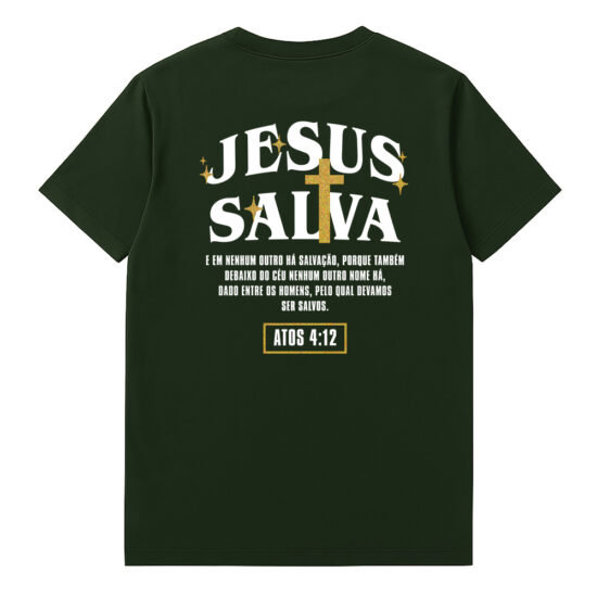 Camiseta Cristã Masculina 100% Algodão Gospel Jesus Salva Verde Costas Camiseta Cristã Masculina 100% Algodão Gospel Jesus Salva Verde Costas