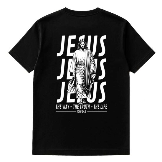 Camiseta-Estampado-Jesus-The-Way-Algodão-Premium-Preta-Costas Camiseta-Estampado-Jesus-The-Way-Algodão-Premium-Preta-Costas