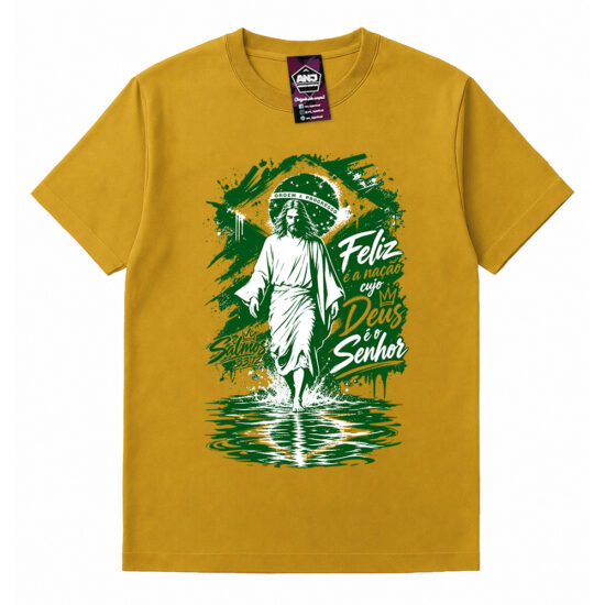 Camiseta Feliz é a nação cujo Deus é o Senhor Amarela
