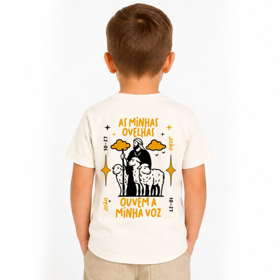 Camiseta Cristã Infantil João 10-27 As Minhas Ovelhas Costas Off-White Camiseta Cristã Infantil João 10-27 As Minhas Ovelhas Costas Off-White